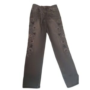 DG2 Diane Gilman Embroidered Straight Leg Jeans Faded Black Gray Floral Size 6